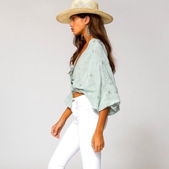 YOUNG FABULOUS AND BROKE Pistachio Green Lacey Eyelet Wrap Top - Picture 2 of 7
